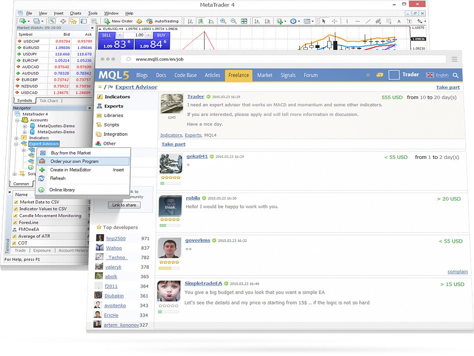 通过自由职业者服务，任何交易者都可以订购数百位程序员将要开发的自动交易或指标。